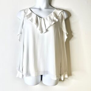 T TAHARI Blouse Women XL White Cold Shoulder Ruffle Crepe Flounce Feminine NWOT